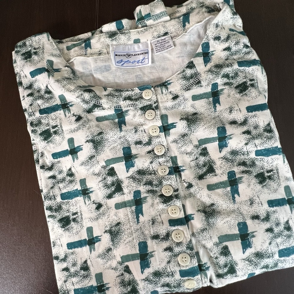 Maggie Lawrence Sport Women's Button Front Top Plus 22/24W Green Print Vintage